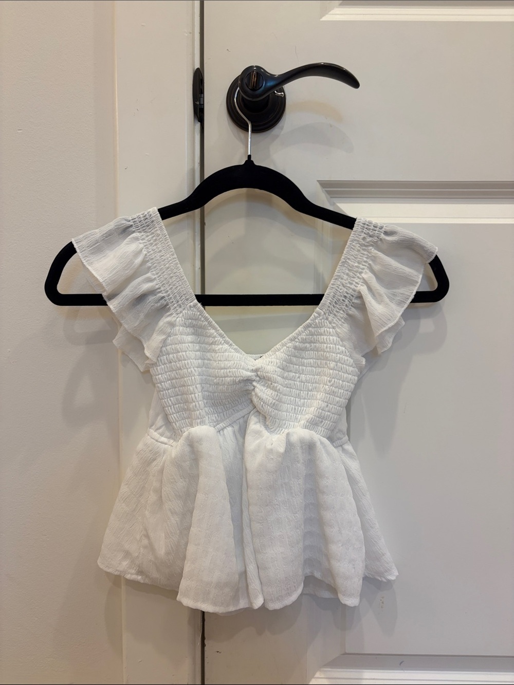 Francesca's Collections White Smocked V-Neck Ruffle Peplum Crop Top